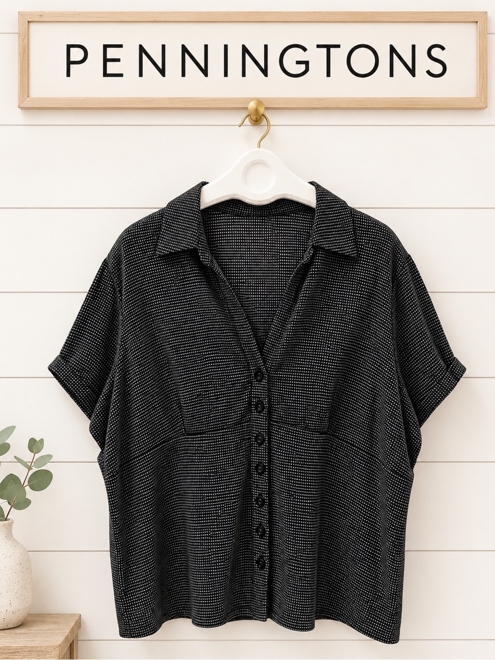 PENNINGTON Black Polka Dot Satin Blouse 5X